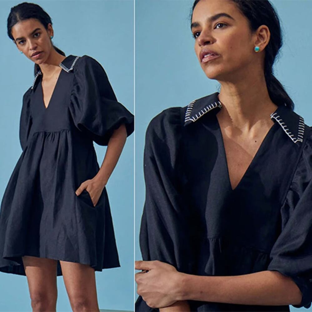 NEW Hunter Bell Noah Poplin Collared V-Neck Puff Sleeve Mini Dress Black Size: M